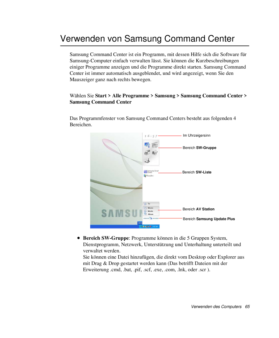 Samsung NP-M50T001/SEG, NP-M50C002/SEG, NP-M50T000/SEG, NP-M50C001/SEG, NP-M50C003/SEG Verwenden von Samsung Command Center 