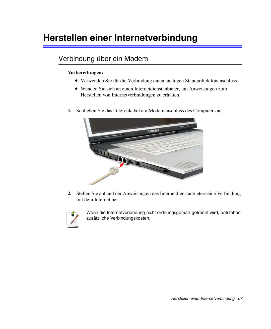 Samsung NP-M50C001/SEG, NP-M50C002/SEG manual Herstellen einer Internetverbindung, Verbindung über ein Modem, Vorbereitungen 