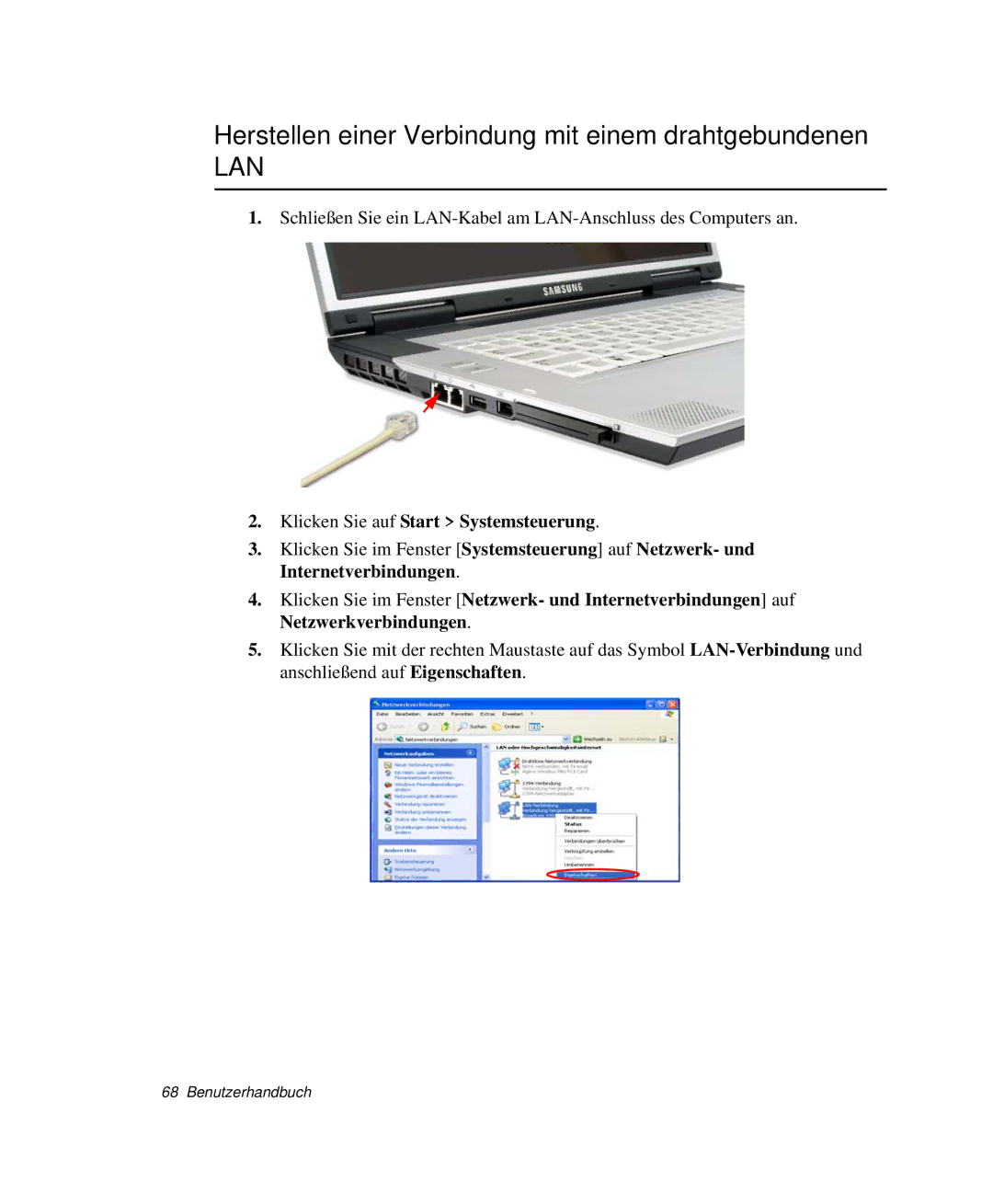 Samsung NP-M50C003/SEG manual Herstellen einer Verbindung mit einem drahtgebundenen, Klicken Sie auf Start Systemsteuerung 