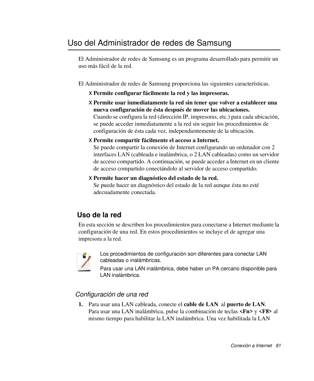 Samsung NP-M50T001/SES, NP-M50C001/SES Uso del Administrador de redes de Samsung, Uso de la red, Configuración de una red 