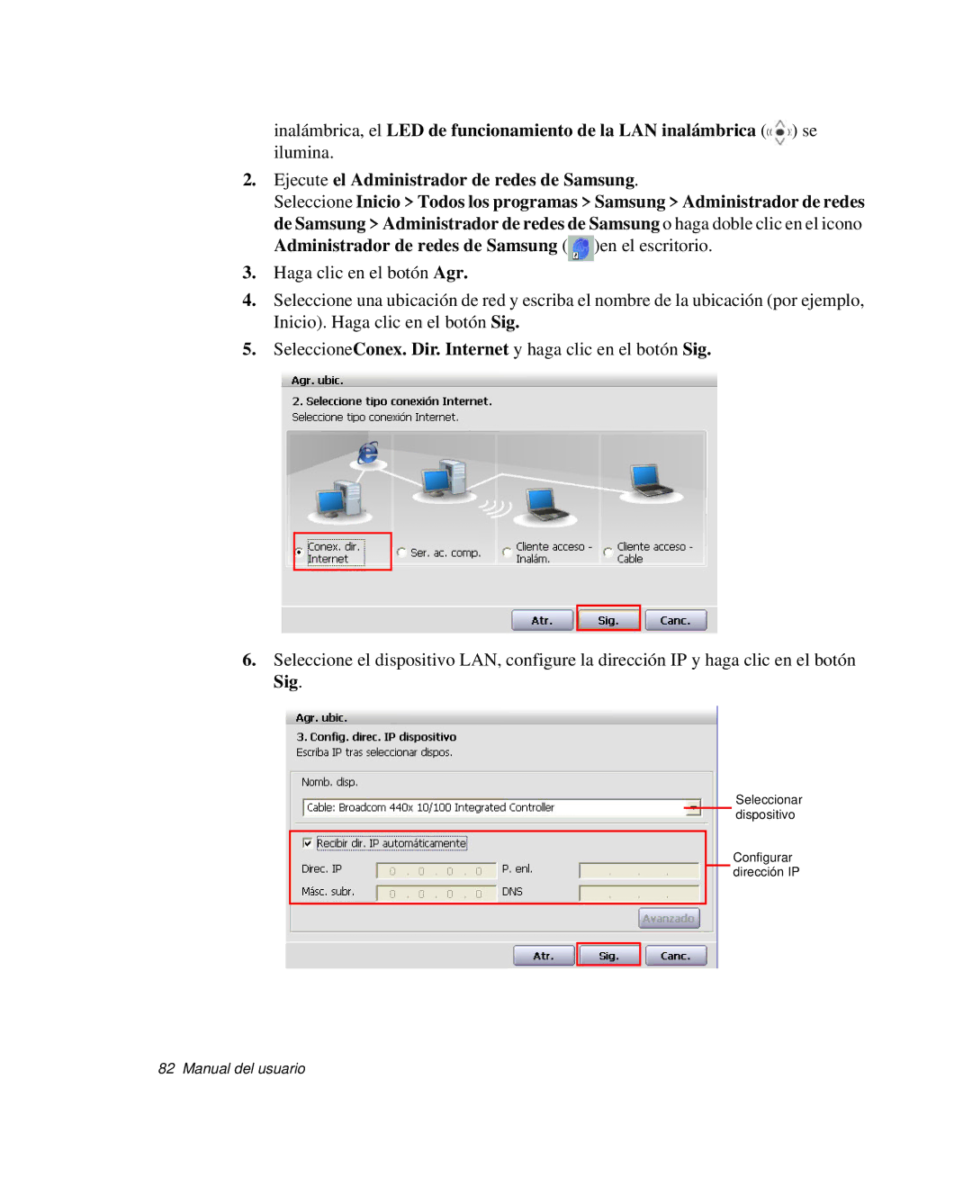 Samsung NP-M50C001/SES, NP-M50T001/SES, NP-M50C002/SES, NP-M50C000/SES manual Seleccionar dispositivo Configurar dirección IP 