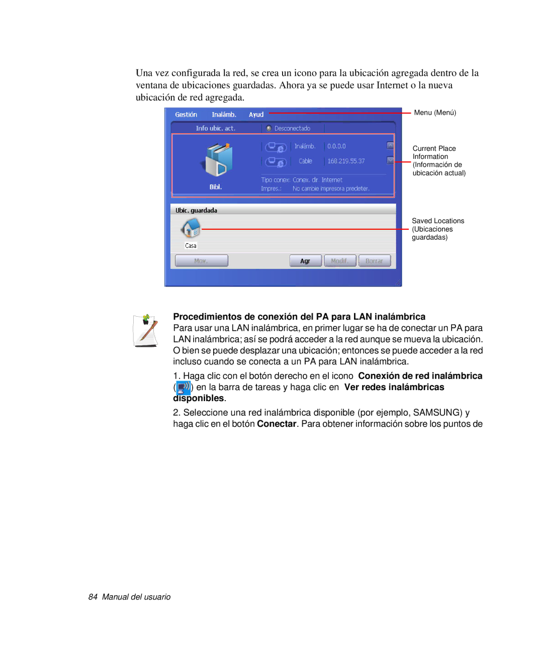 Samsung NP-M50C000/SES, NP-M50T001/SES, NP-M50C001/SES manual Procedimientos de conexión del PA para LAN inalámbrica 