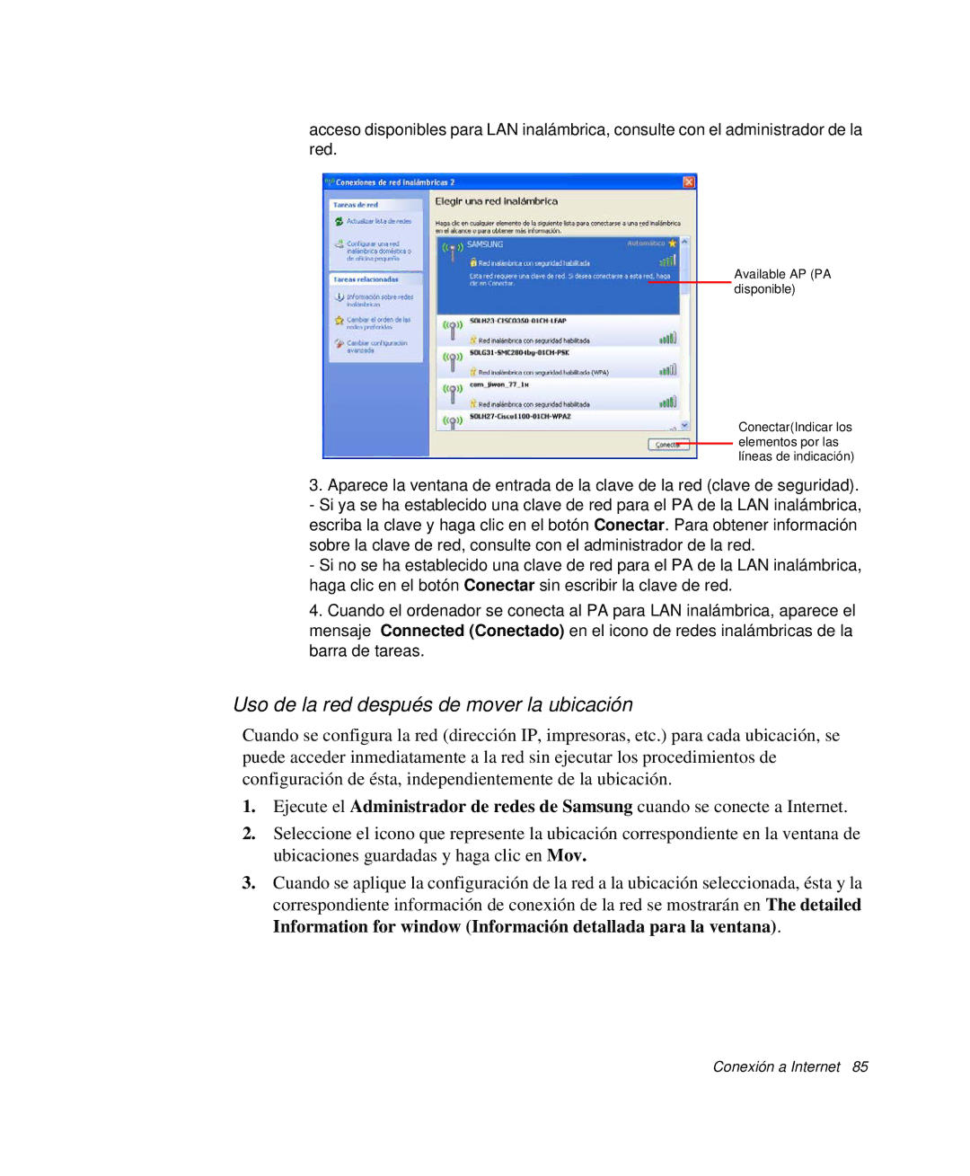 Samsung NP-M50T000/SES, NP-M50T001/SES, NP-M50C001/SES, NP-M50C002/SES manual Uso de la red después de mover la ubicación 