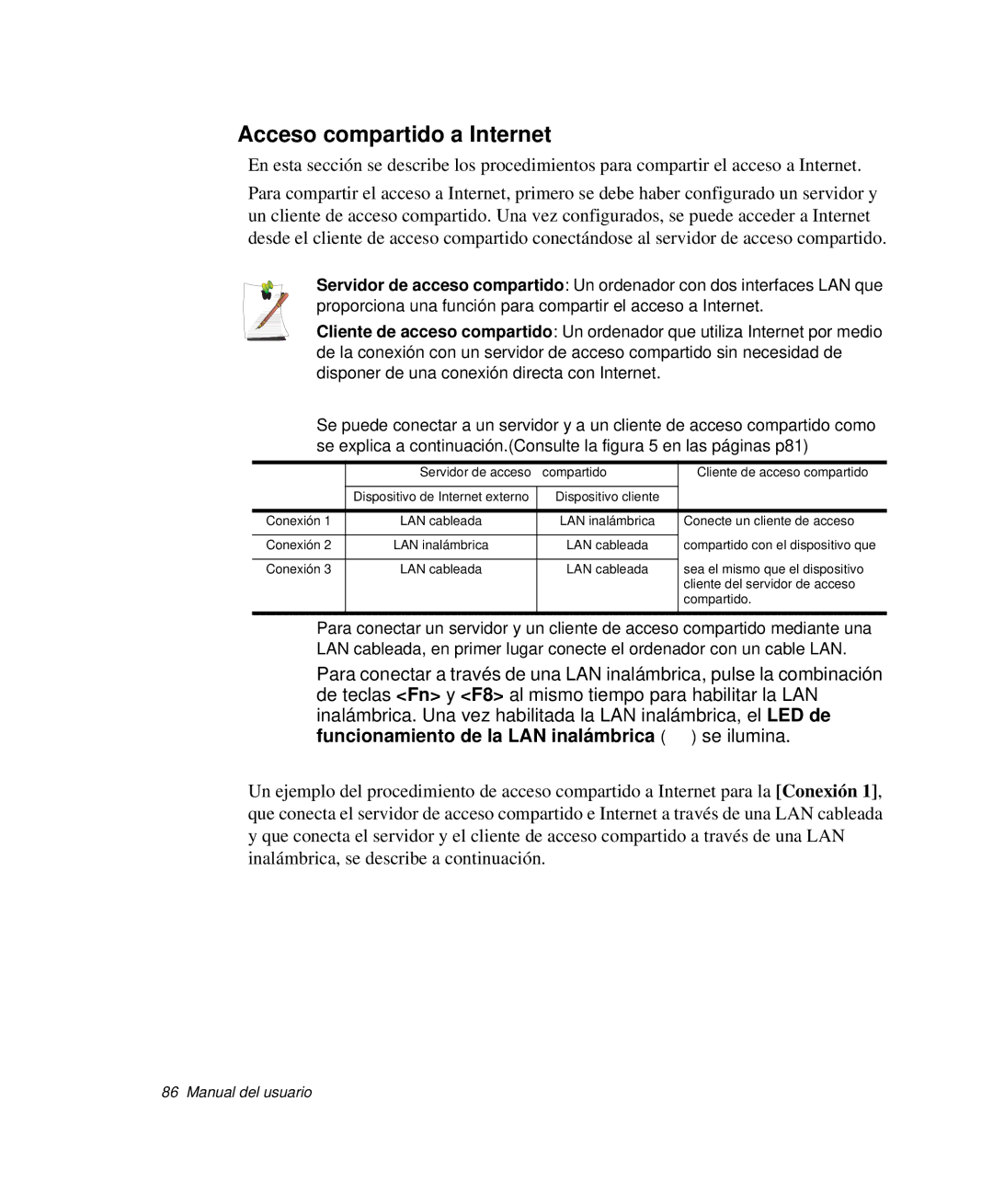 Samsung NP-M50T001/SES, NP-M50C001/SES, NP-M50C002/SES, NP-M50C000/SES, NP-M50T000/SES manual Acceso compartido a Internet 