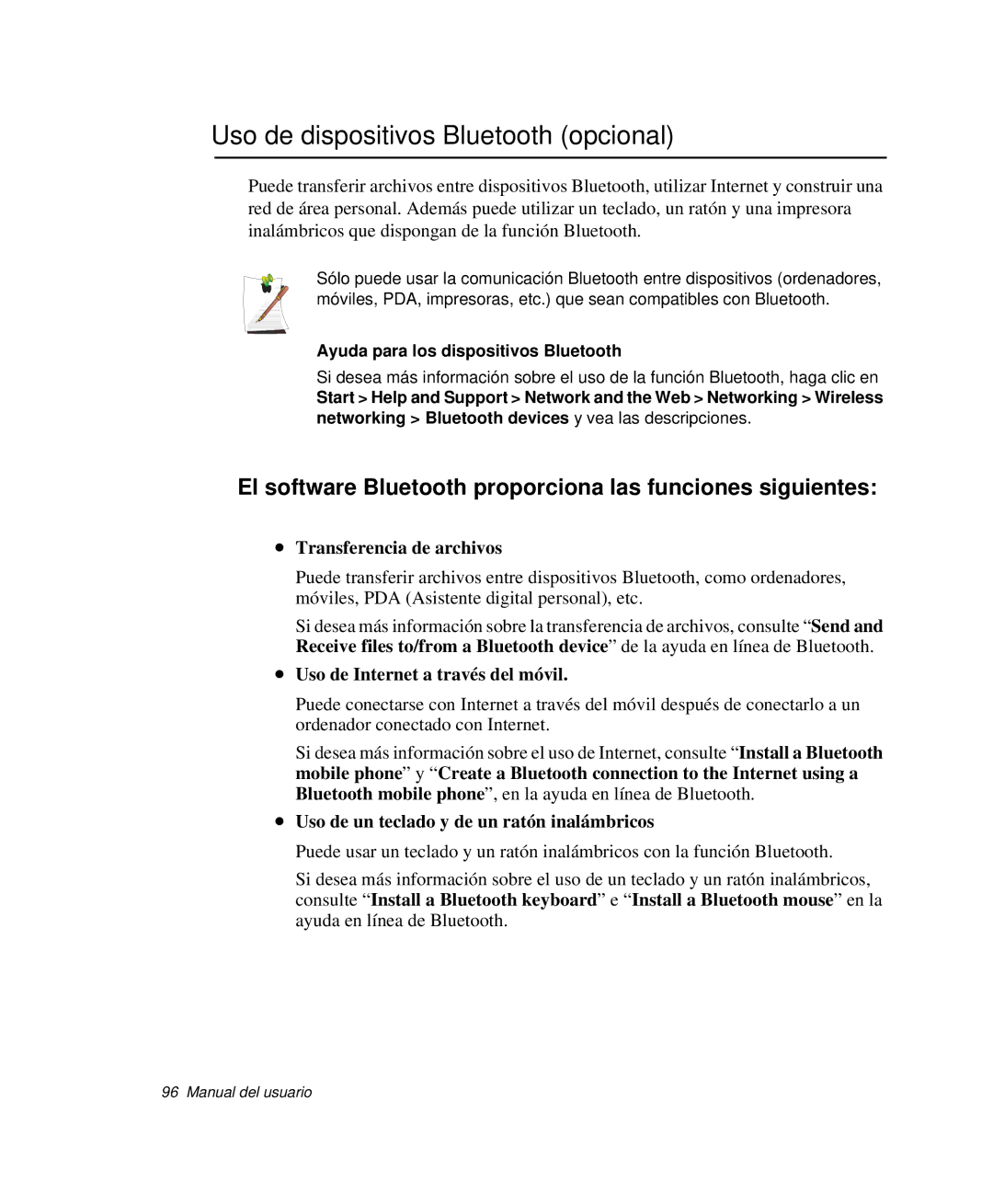 Samsung NP-M50T001/SES Uso de dispositivos Bluetooth opcional, El software Bluetooth proporciona las funciones siguientes 