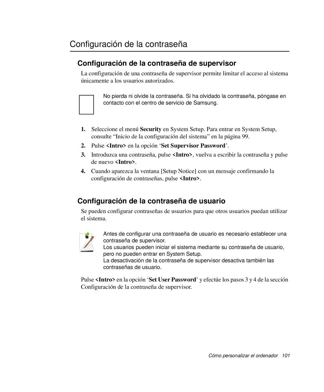 Samsung NP-M50T001/SES manual Configuración de la contraseña de supervisor, Configuración de la contraseña de usuario 