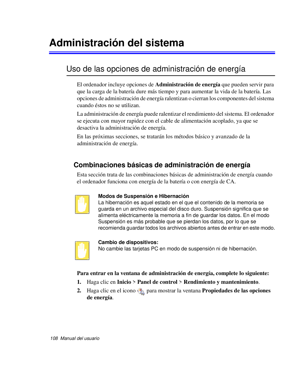 Samsung NP-M50C002/SES, NP-M50T001/SES manual Administración del sistema, Uso de las opciones de administración de energía 