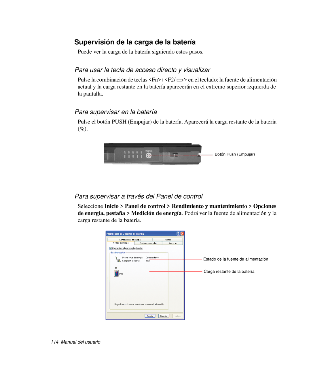 Samsung NP-M50C000/SES manual Supervisión de la carga de la batería, Para usar la tecla de acceso directo y visualizar 