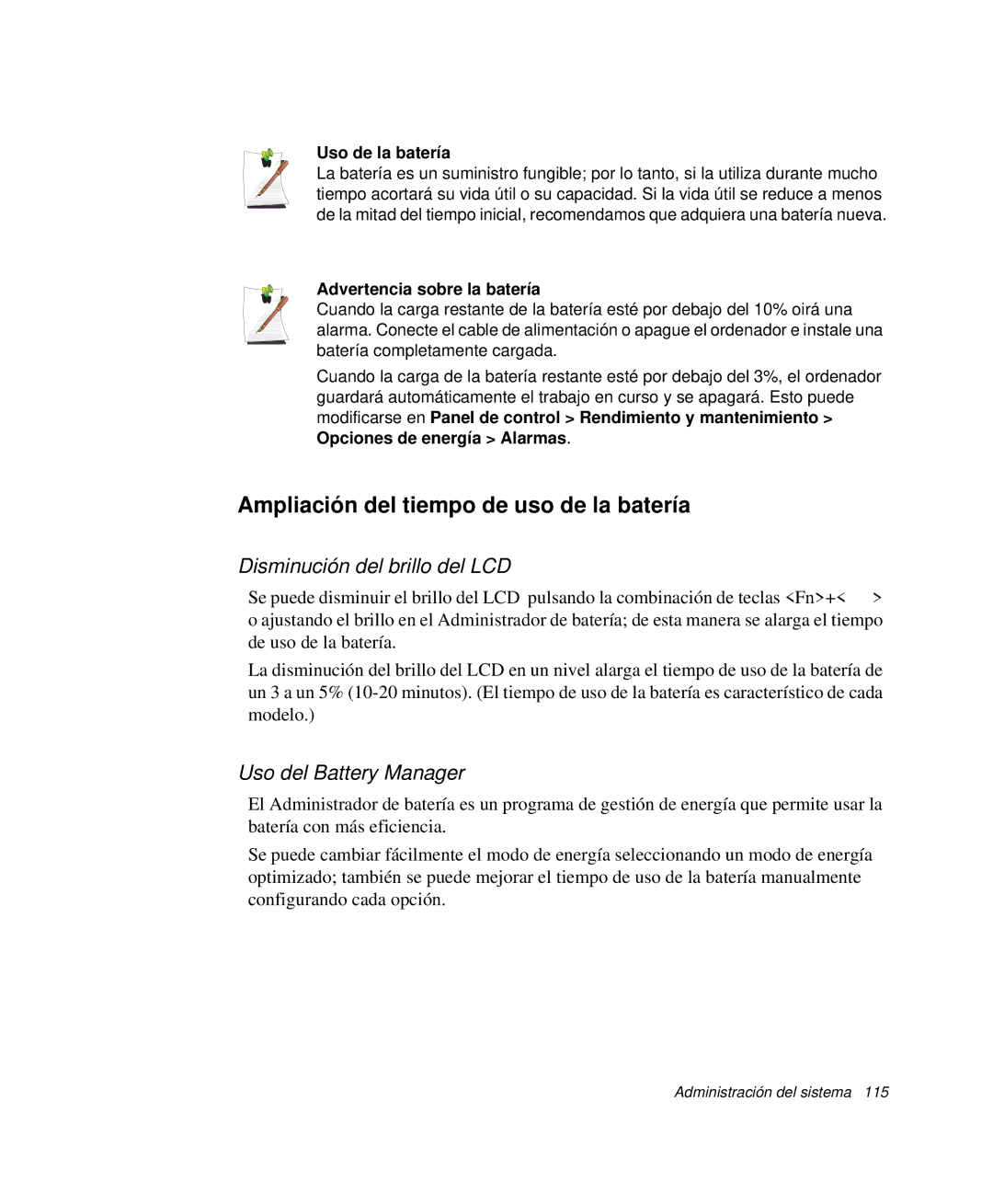 Samsung NP-M50T000/SES Ampliación del tiempo de uso de la batería, Disminución del brillo del LCD, Uso del Battery Manager 