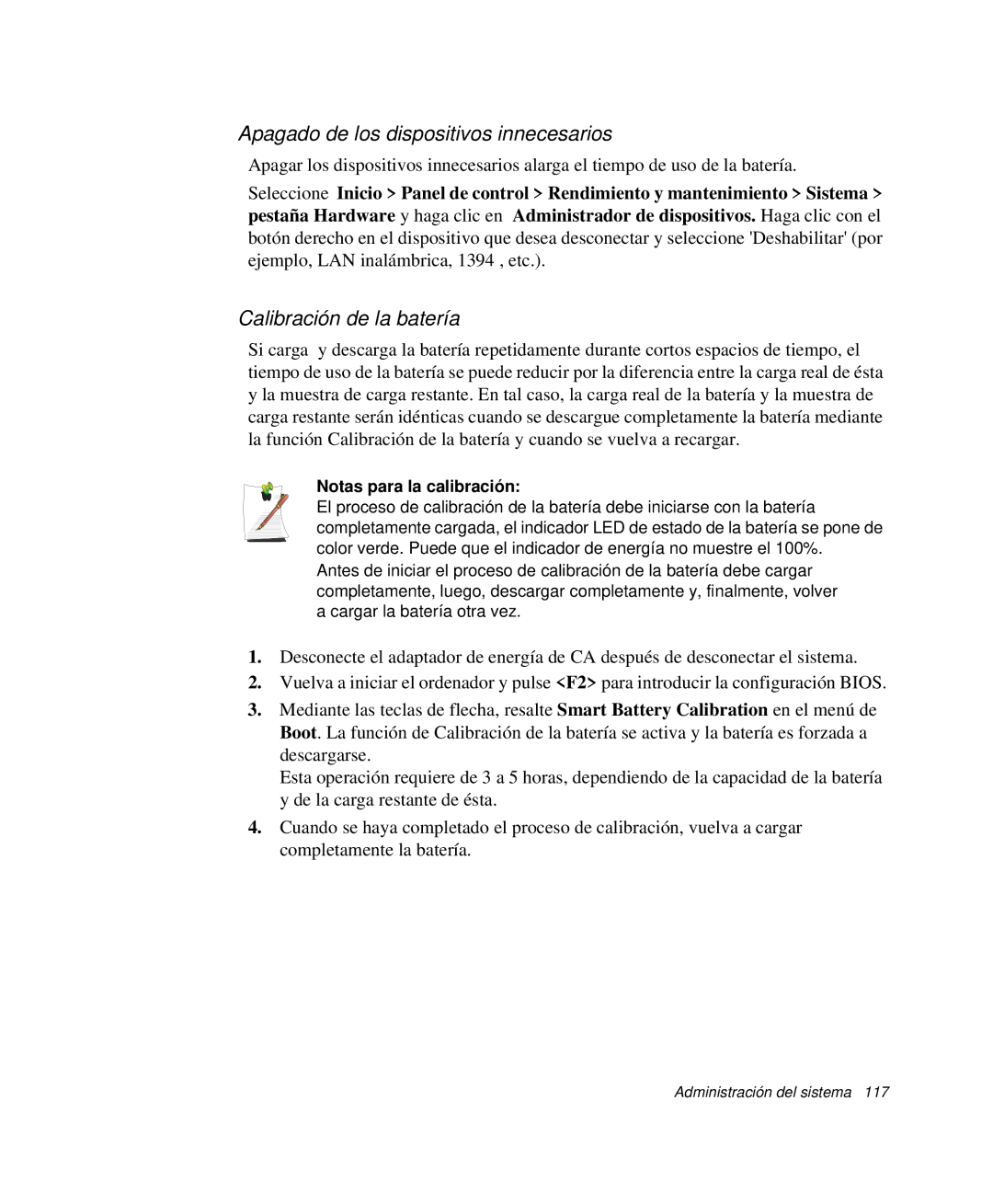 Samsung NP-M50C001/SES Apagado de los dispositivos innecesarios, Calibración de la batería, Notas para la calibración 