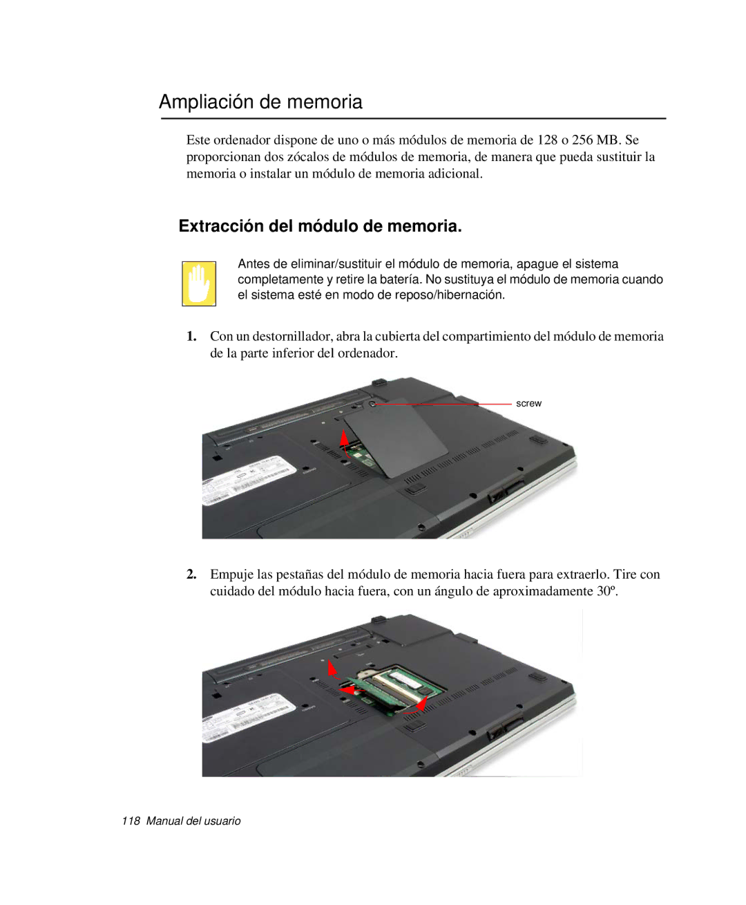 Samsung NP-M50C002/SES, NP-M50T001/SES, NP-M50C001/SES manual Ampliación de memoria, Extracción del módulo de memoria 