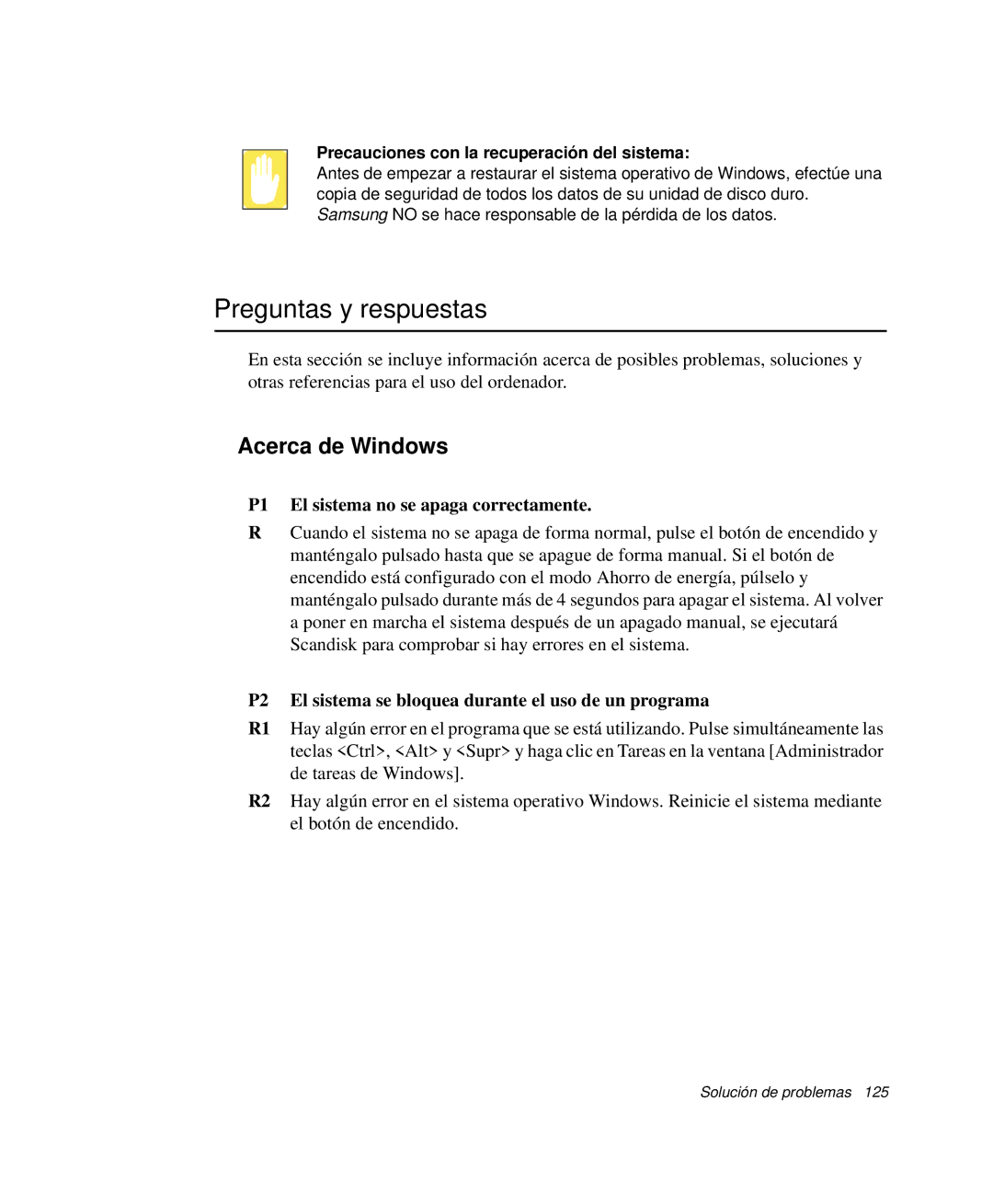 Samsung NP-M50T000/SES, NP-M50T001/SES Preguntas y respuestas, Acerca de Windows, P1 El sistema no se apaga correctamente 