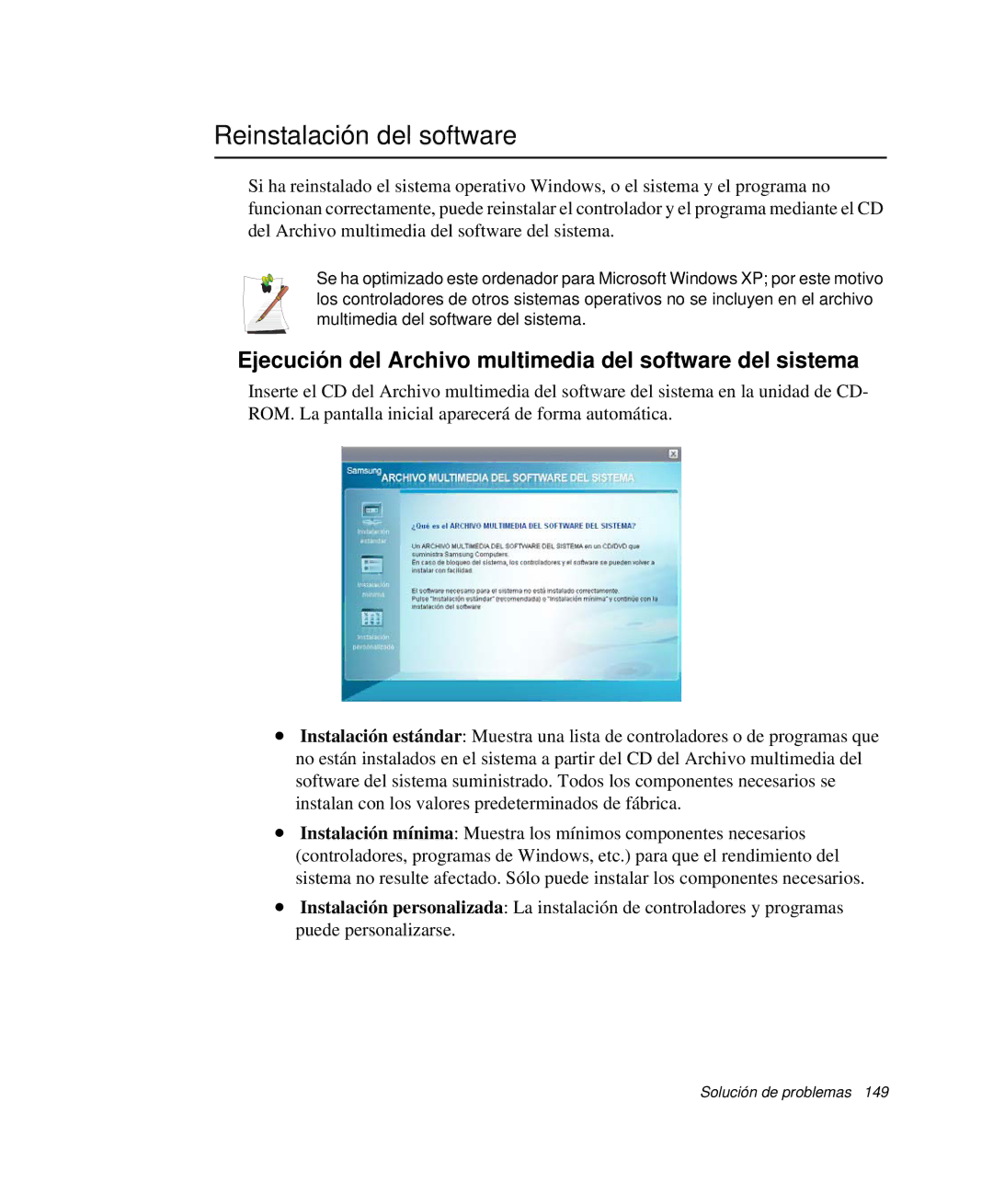 Samsung NP-M50C000/SES manual Reinstalación del software, Ejecución del Archivo multimedia del software del sistema 