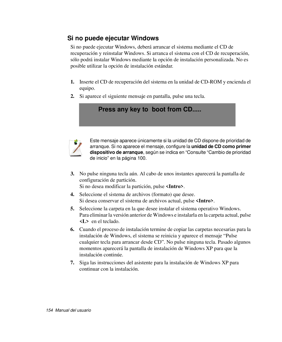 Samsung NP-M50C000/SES, NP-M50T001/SES, NP-M50C001/SES manual Si no puede ejecutar Windows, Press any key to boot from CD 