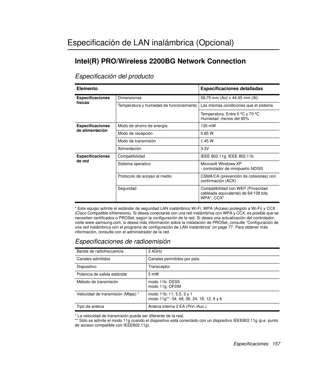 Samsung NP-M50C001/SES manual Especificación de LAN inalámbrica Opcional, IntelR PRO/Wireless 2200BG Network Connection 