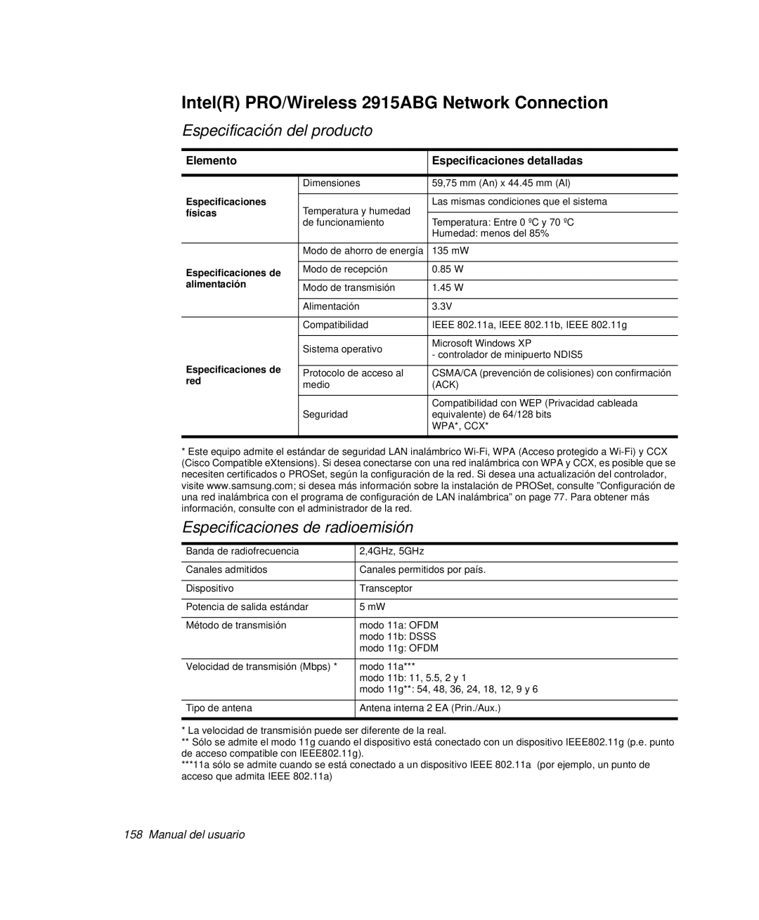 Samsung NP-M50C002/SES, NP-M50T001/SES, NP-M50C001/SES manual IntelR PRO/Wireless 2915ABG Network Connection, Alimentación 