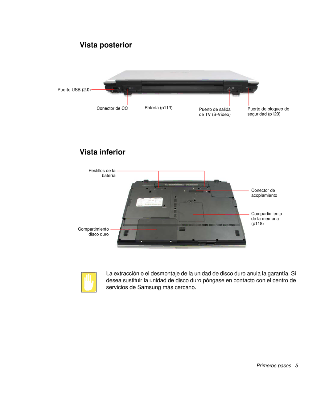 Samsung NP-M50T000/SES, NP-M50T001/SES, NP-M50C001/SES, NP-M50C002/SES, NP-M50C000/SES manual Vista posterior, Vista inferior 