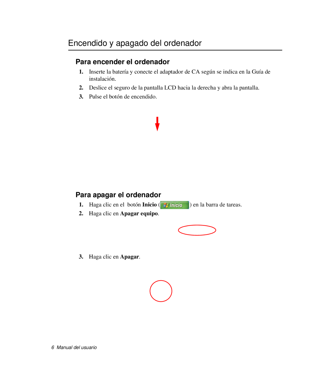 Samsung NP-M50T001/SES manual Encendido y apagado del ordenador, Para encender el ordenador, Para apagar el ordenador 