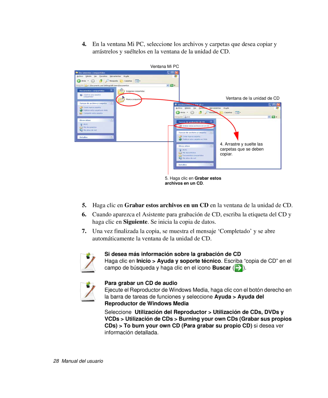 Samsung NP-M50C002/SES, NP-M50T001/SES manual Si desea más información sobre la grabación de CD, Para grabar un CD de audio 