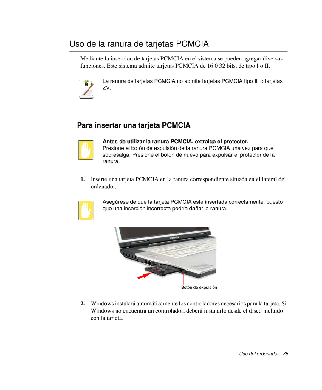 Samsung NP-M50T000/SES, NP-M50T001/SES manual Uso de la ranura de tarjetas Pcmcia, Para insertar una tarjeta Pcmcia 