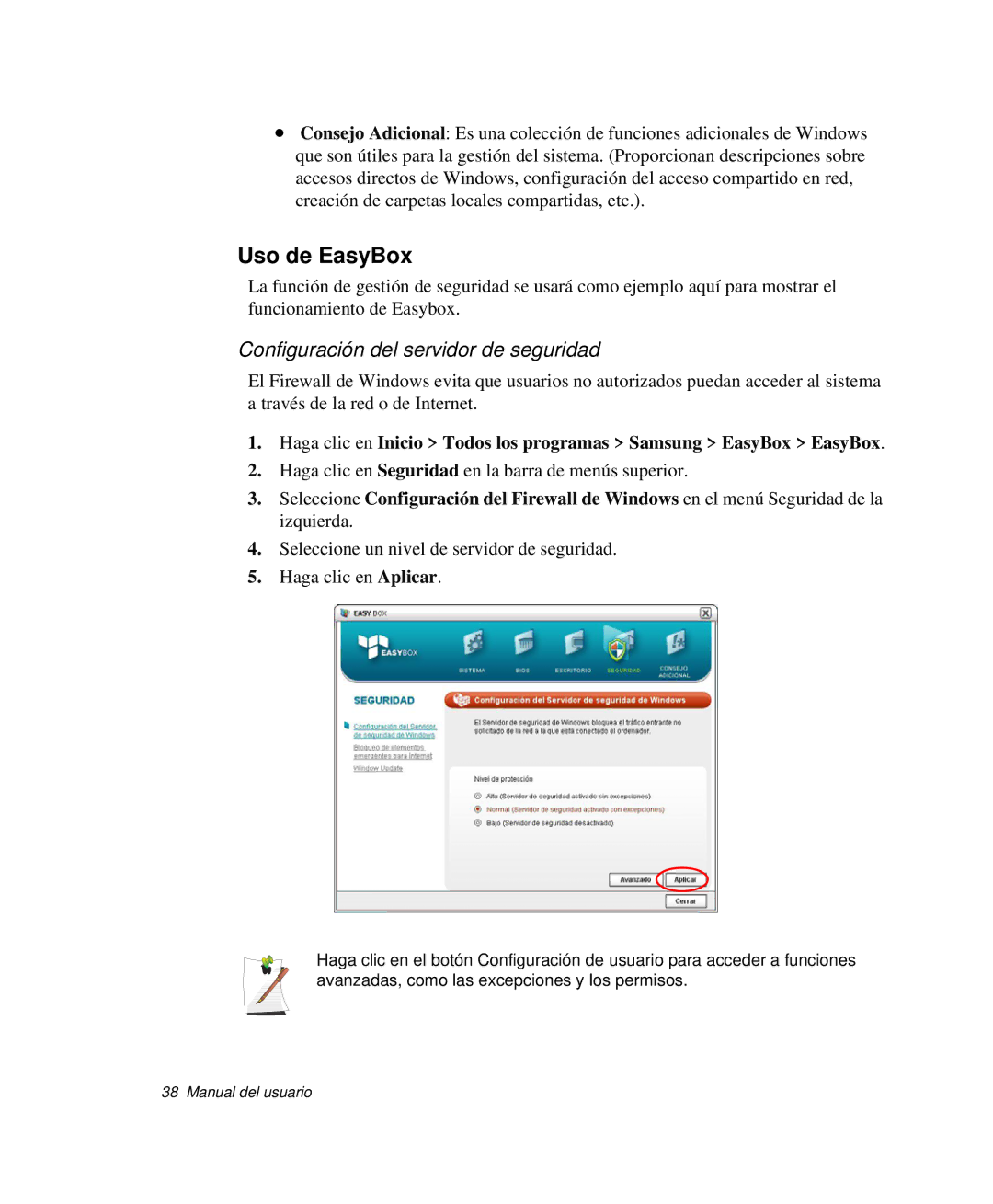 Samsung NP-M50C002/SES, NP-M50T001/SES, NP-M50C001/SES manual Uso de EasyBox, Configuración del servidor de seguridad 