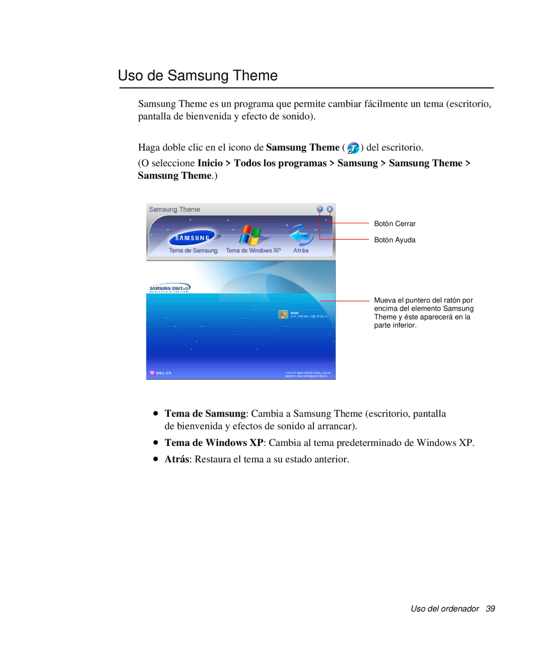 Samsung NP-M50C000/SES, NP-M50T001/SES, NP-M50C001/SES, NP-M50C002/SES, NP-M50T000/SES manual Uso de Samsung Theme 