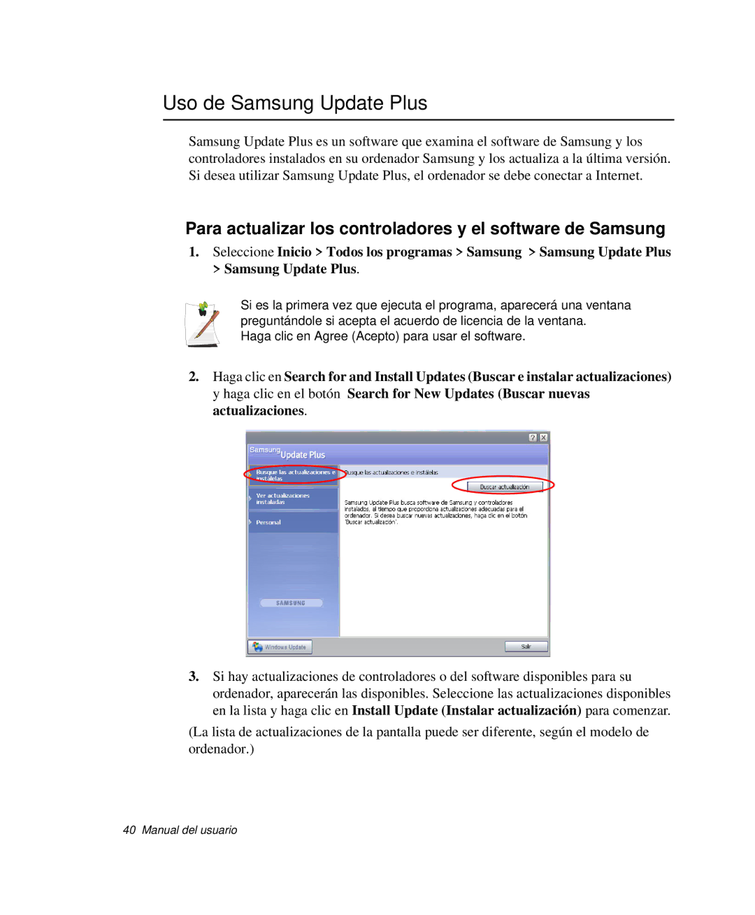 Samsung NP-M50T000/SES manual Uso de Samsung Update Plus, Para actualizar los controladores y el software de Samsung 