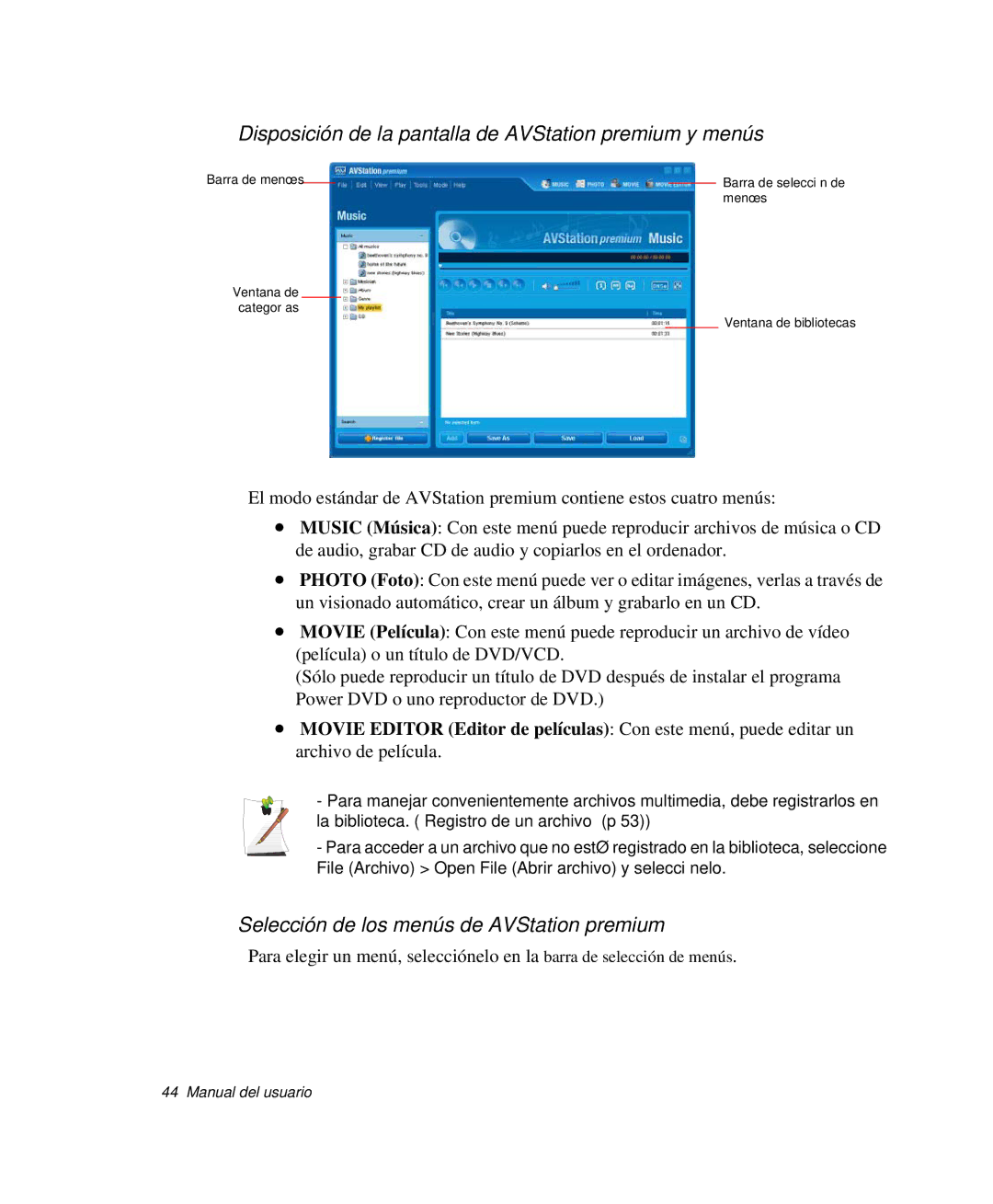 Samsung NP-M50C000/SES, NP-M50T001/SES, NP-M50C001/SES manual Disposición de la pantalla de AVStation premium y menús 