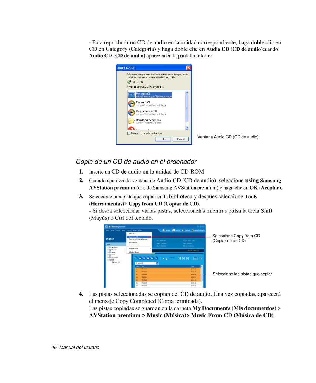Samsung NP-M50T001/SES, NP-M50C001/SES, NP-M50C002/SES, NP-M50C000/SES manual Copia de un CD de audio en el ordenador 