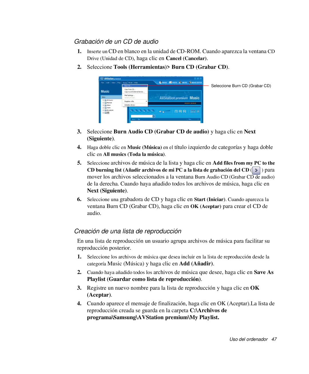 Samsung NP-M50C001/SES, NP-M50T001/SES, NP-M50C002/SES Grabación de un CD de audio, Creación de una lista de reproducción 