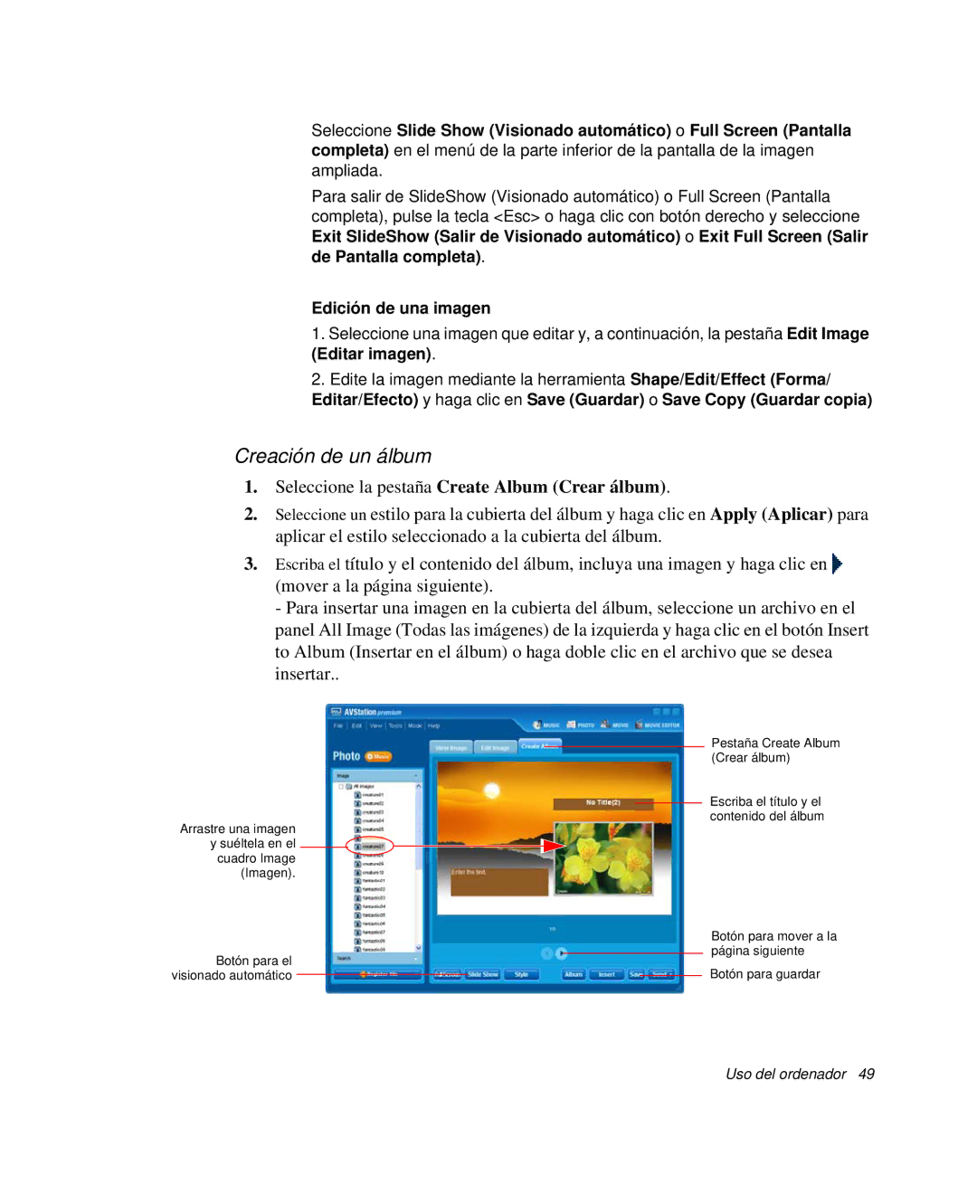 Samsung NP-M50C000/SES manual Creación de un álbum, Seleccione la pestaña Create Album Crear álbum, Edición de una imagen 