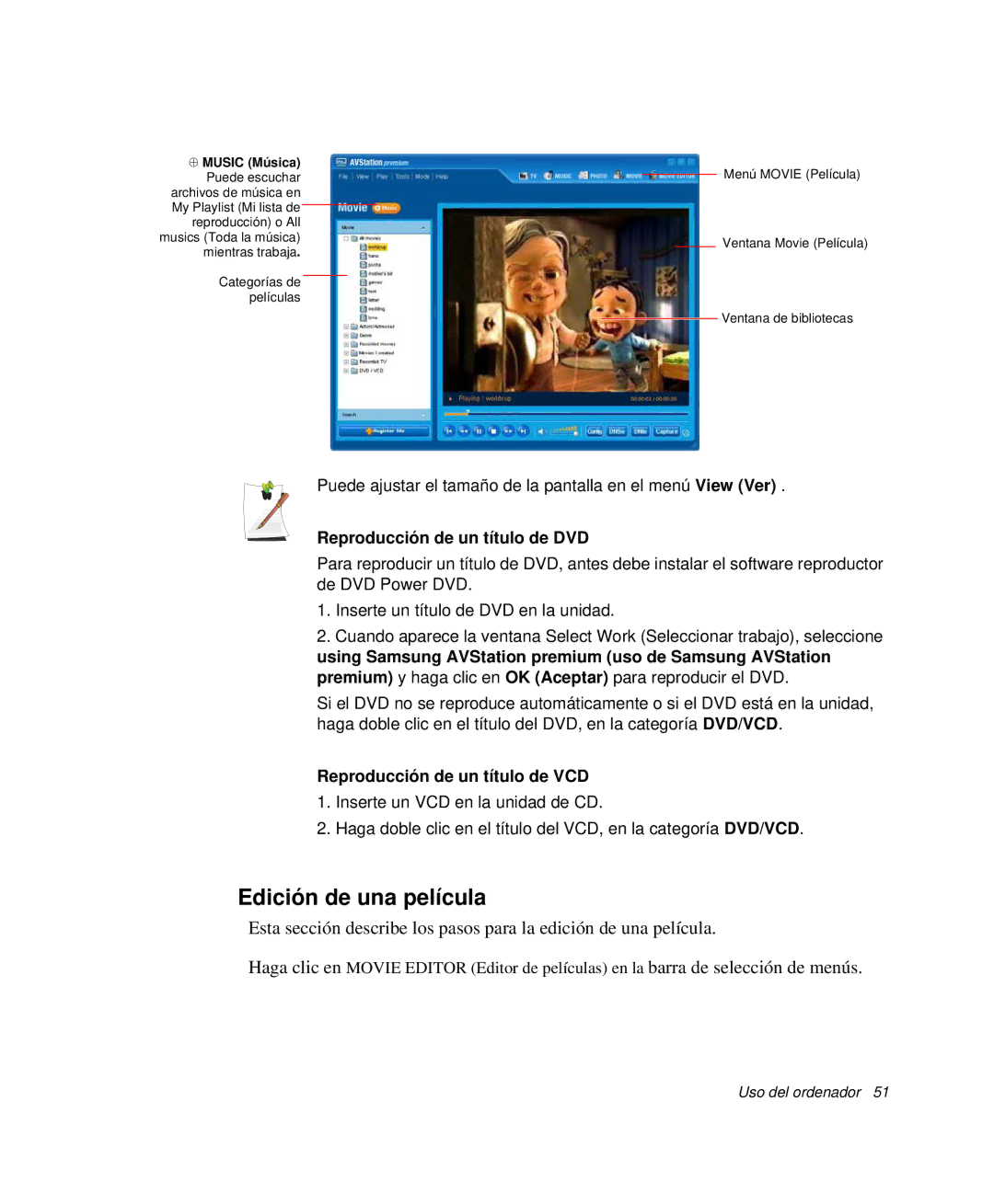 Samsung NP-M50T001/SES manual Edición de una película, Reproducción de un título de DVD, Reproducción de un título de VCD 