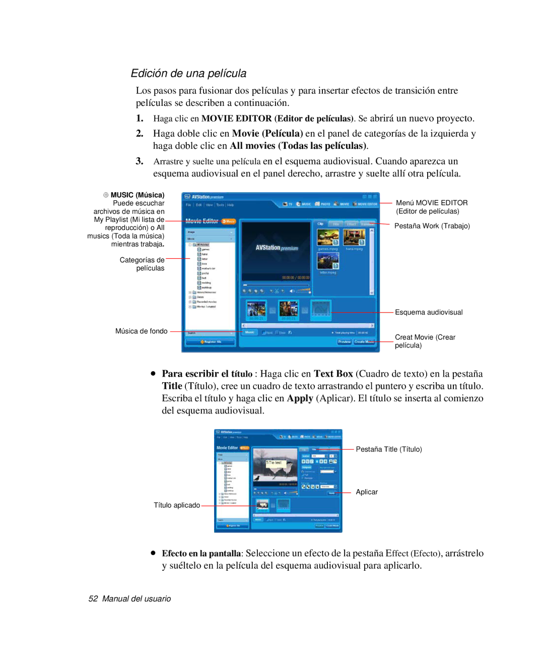 Samsung NP-M50C001/SES, NP-M50T001/SES, NP-M50C002/SES, NP-M50C000/SES, NP-M50T000/SES manual Edición de una película 