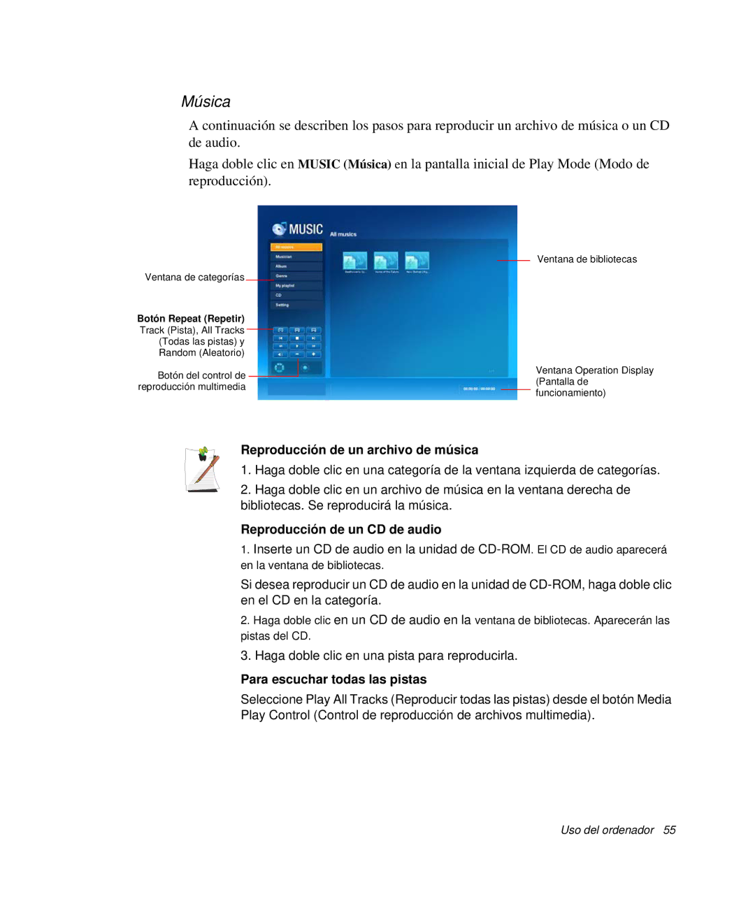 Samsung NP-M50T000/SES, NP-M50T001/SES manual Música, Reproducción de un archivo de música, Reproducción de un CD de audio 