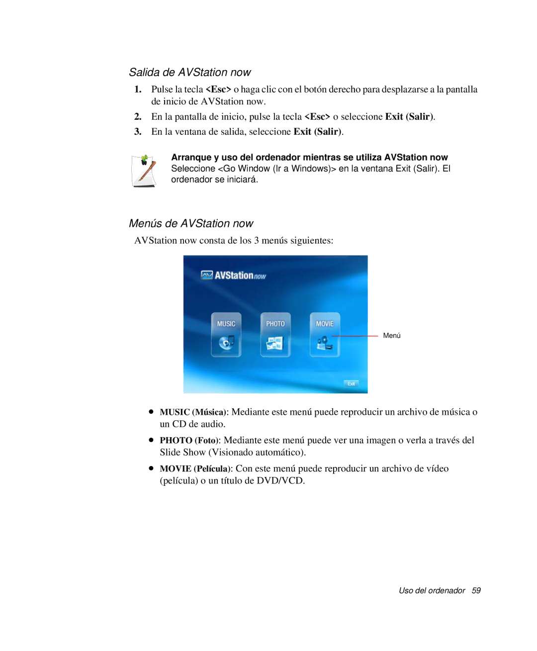 Samsung NP-M50C000/SES, NP-M50T001/SES, NP-M50C001/SES, NP-M50C002/SES manual Salida de AVStation now, Menús de AVStation now 