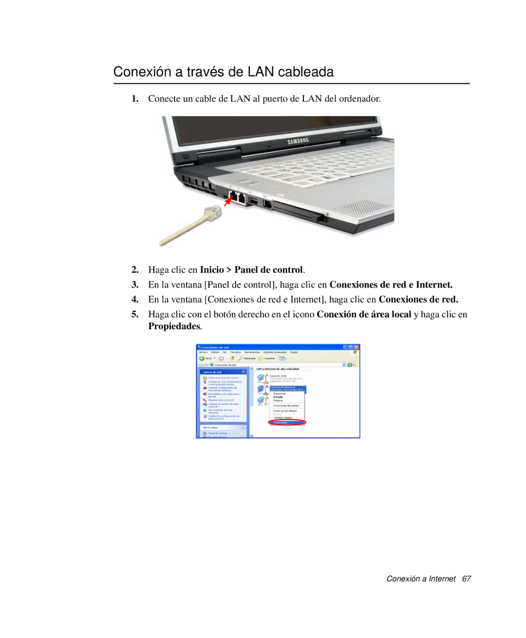 Samsung NP-M50C001/SES, NP-M50T001/SES manual Conexión a través de LAN cableada, Haga clic en Inicio Panel de control 