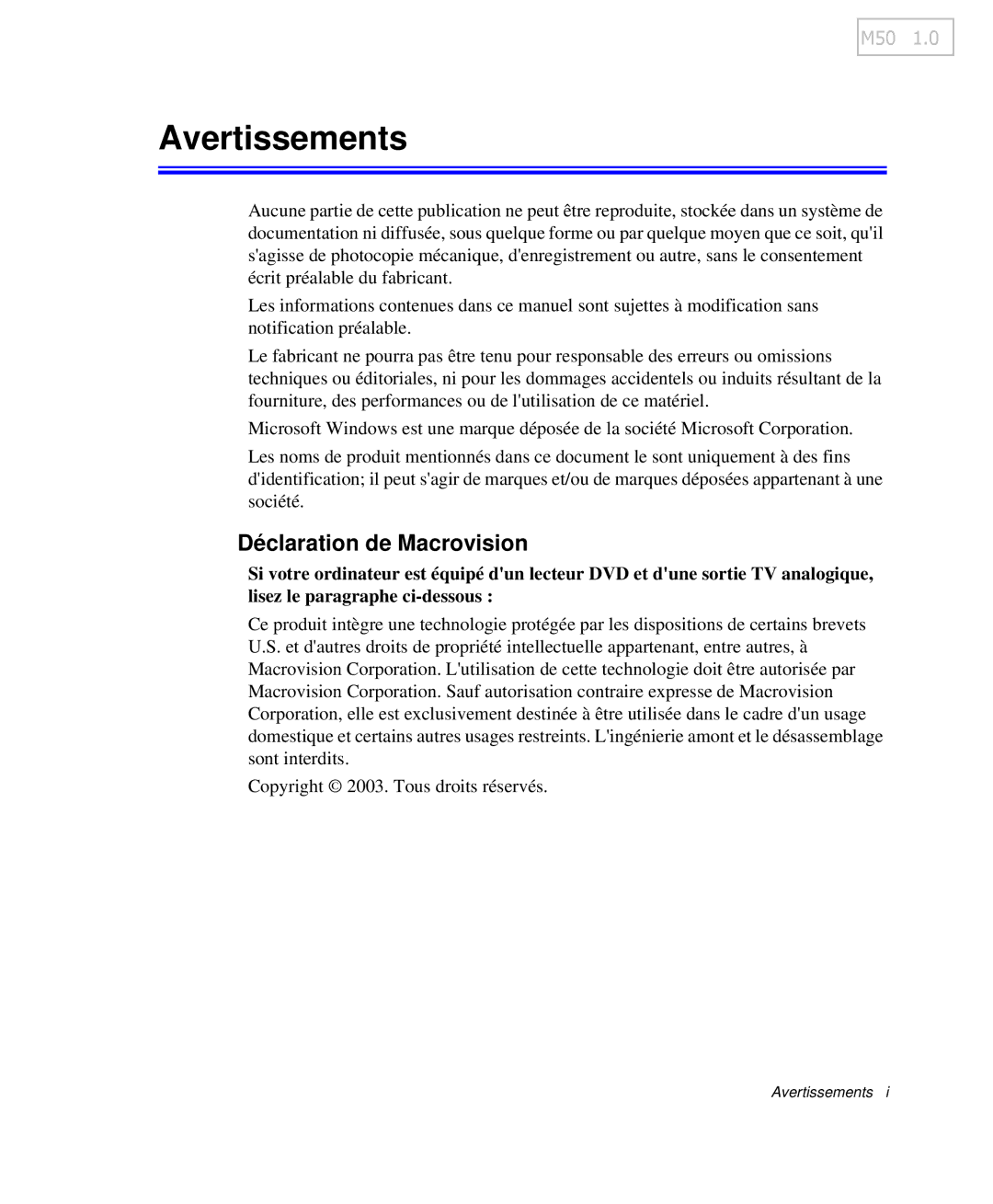 Samsung NP-M50T000/SEF, NP-M50T002/SEF, NP-M50C005/SEF, NP-M50C004/SEF manual Avertissements, Déclaration de Macrovision 