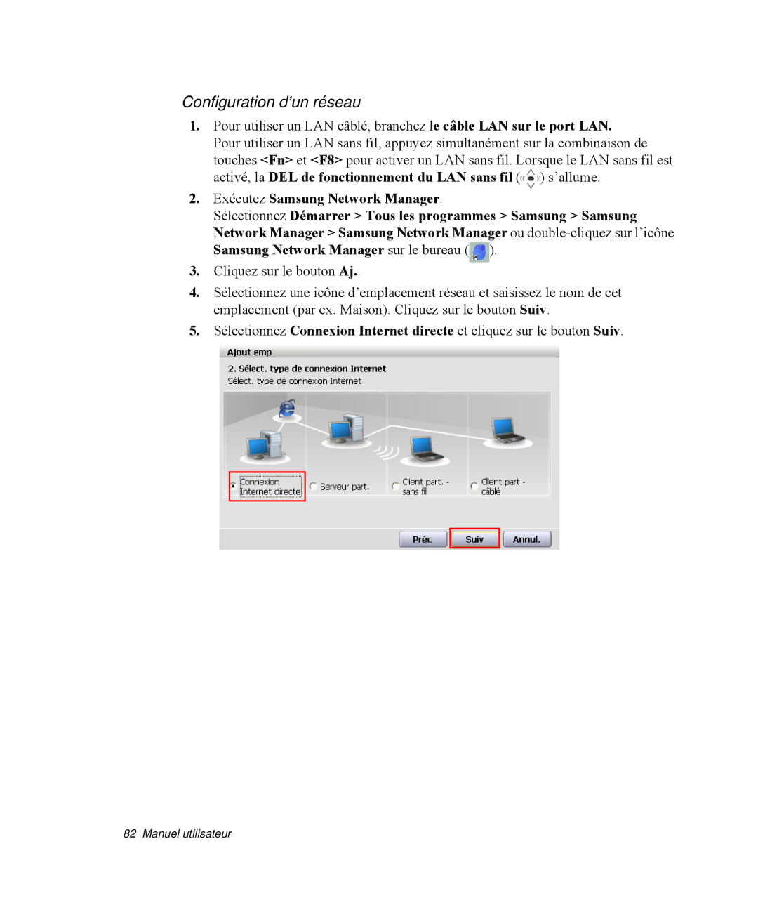 Samsung NP-M50C004/SEF, NP-M50T002/SEF, NP-M50T000/SEF, NP-M50C005/SEF, NP-M50C002/SEF manual Configuration d’un réseau 