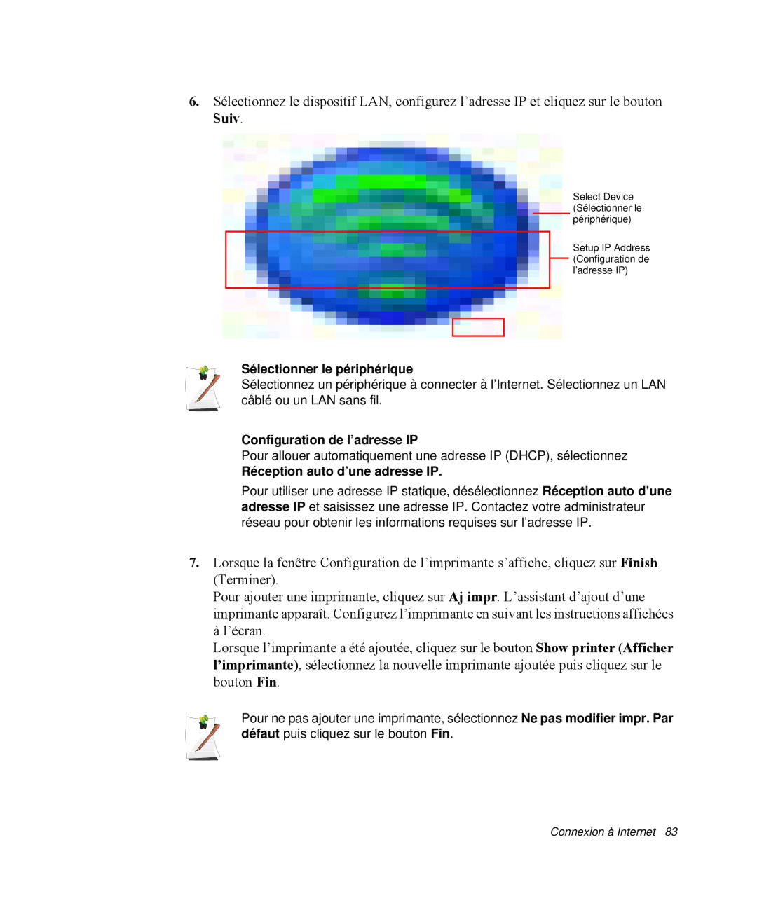 Samsung NP-M50C002/SEF manual Sélectionner le périphérique, Configuration de l’adresse IP, Réception auto d’une adresse IP 