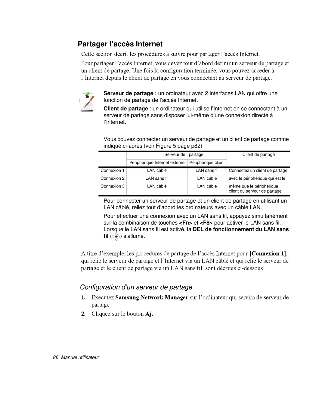 Samsung NP-M50T001/SEF, NP-M50T002/SEF, NP-M50T000/SEF Partager l’accès Internet, Configuration d’un serveur de partage 