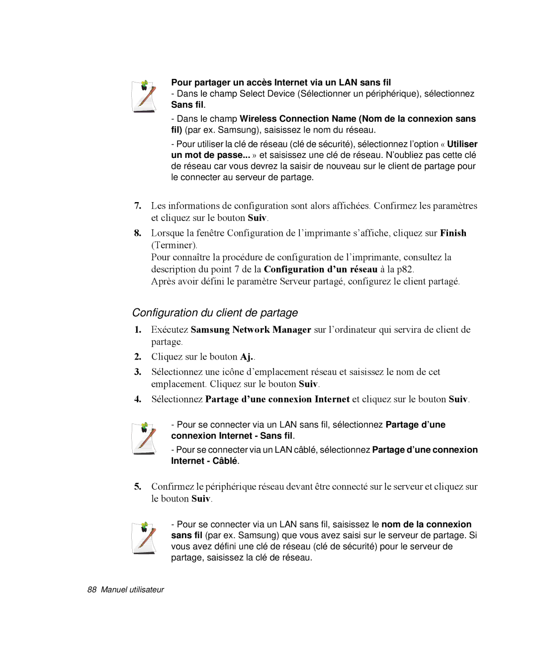 Samsung NP-M50T002/SEF manual Configuration du client de partage, Pour partager un accès Internet via un LAN sans fil 