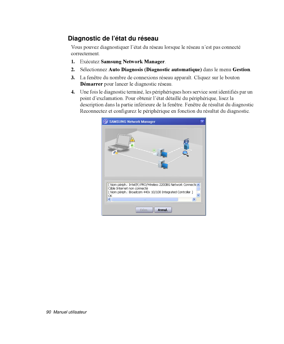 Samsung NP-M50C005/SEF, NP-M50T002/SEF, NP-M50T000/SEF, NP-M50C004/SEF, NP-M50C002/SEF manual Diagnostic de l’état du réseau 