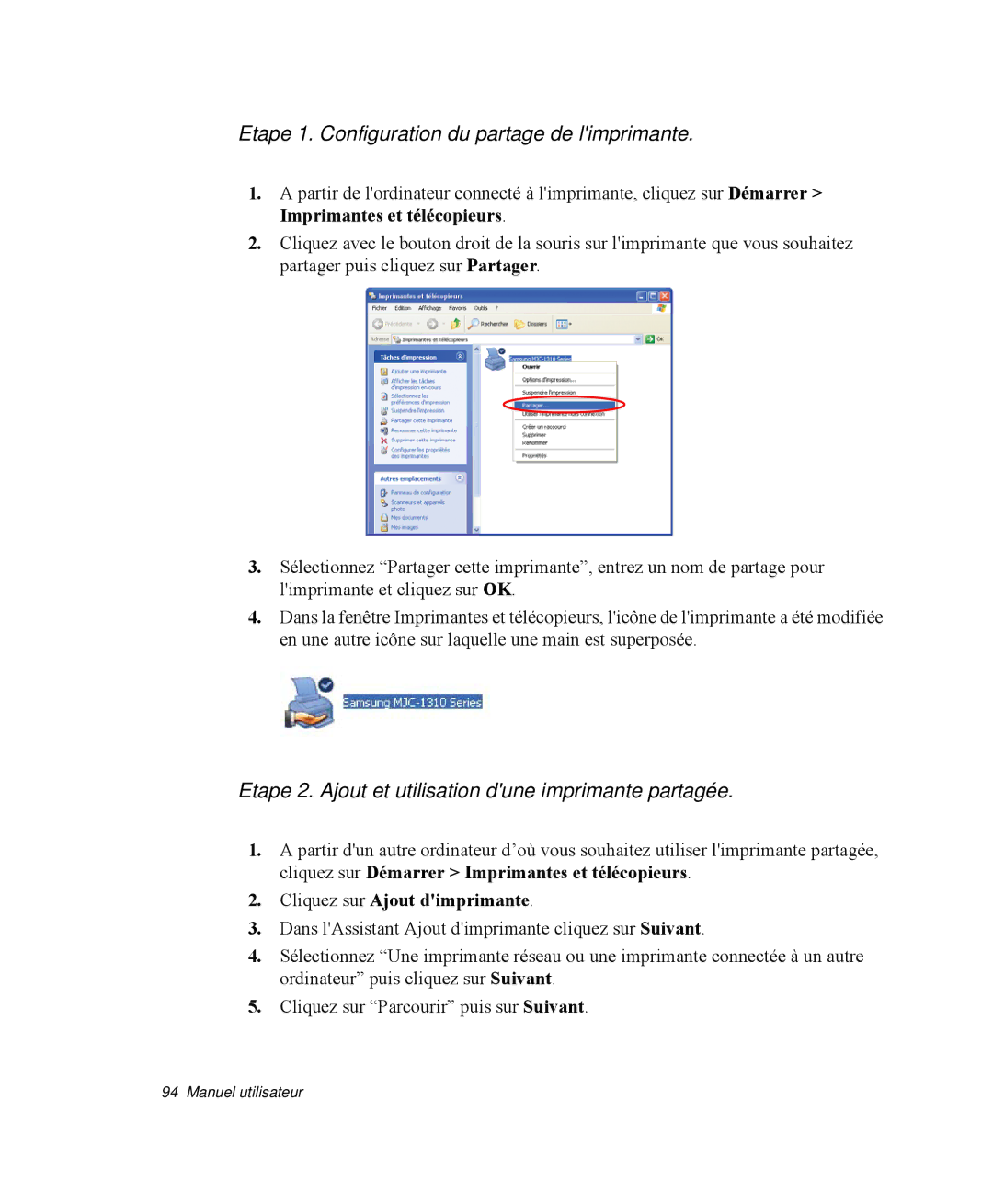 Samsung NP-M50C001/SEF, NP-M50T002/SEF Etape 1. Configuration du partage de limprimante, Cliquez sur Ajout dimprimante 