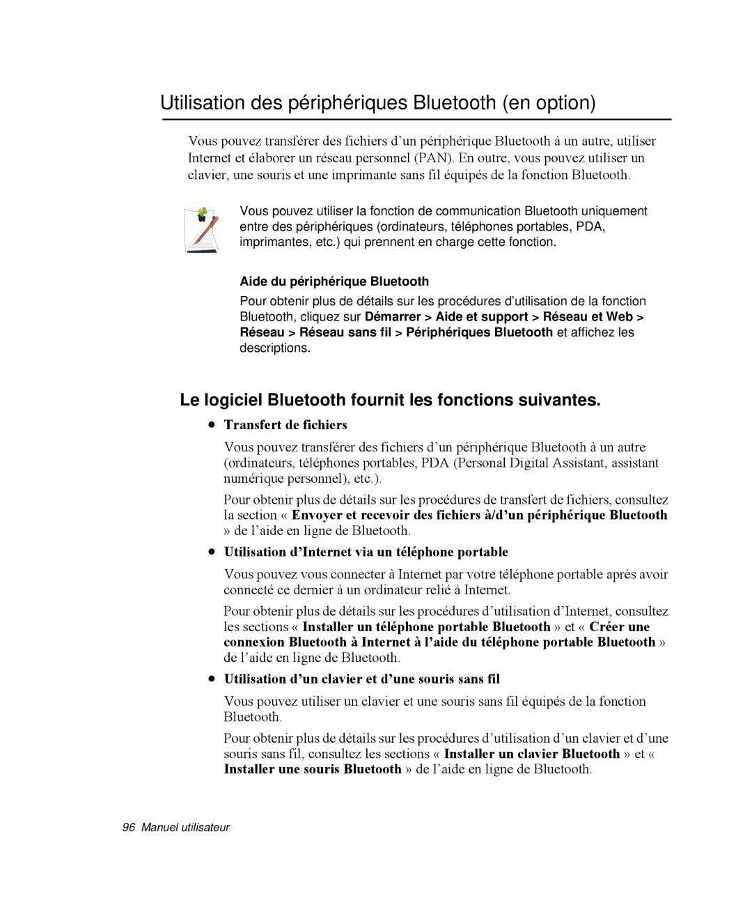 Samsung NP-M50C000/SEF, NP-M50T002/SEF manual Utilisation des périphériques Bluetooth en option, Transfert de fichiers 