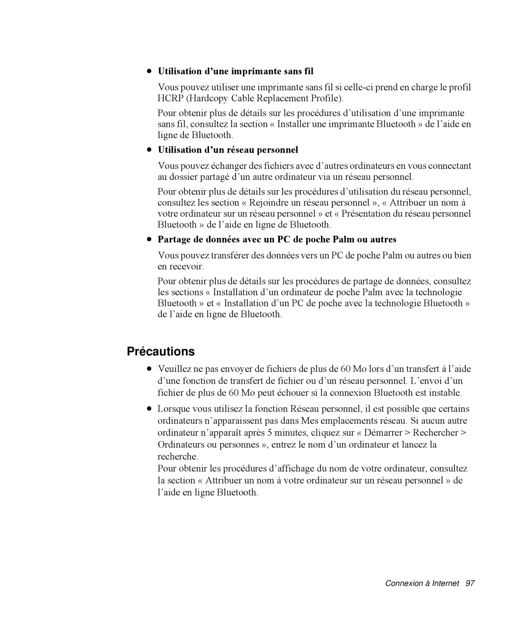 Samsung NP-M50T002/SEF manual Précautions, Utilisation d’une imprimante sans fil, Utilisation d’un réseau personnel 