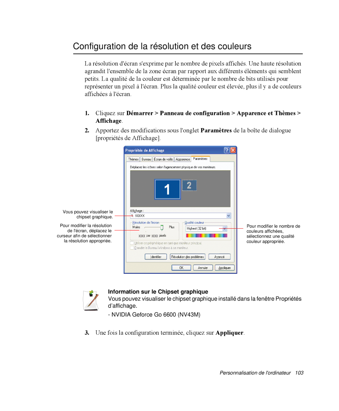 Samsung NP-M50C001/SEF manual Configuration de la résolution et des couleurs, Information sur le Chipset graphique 