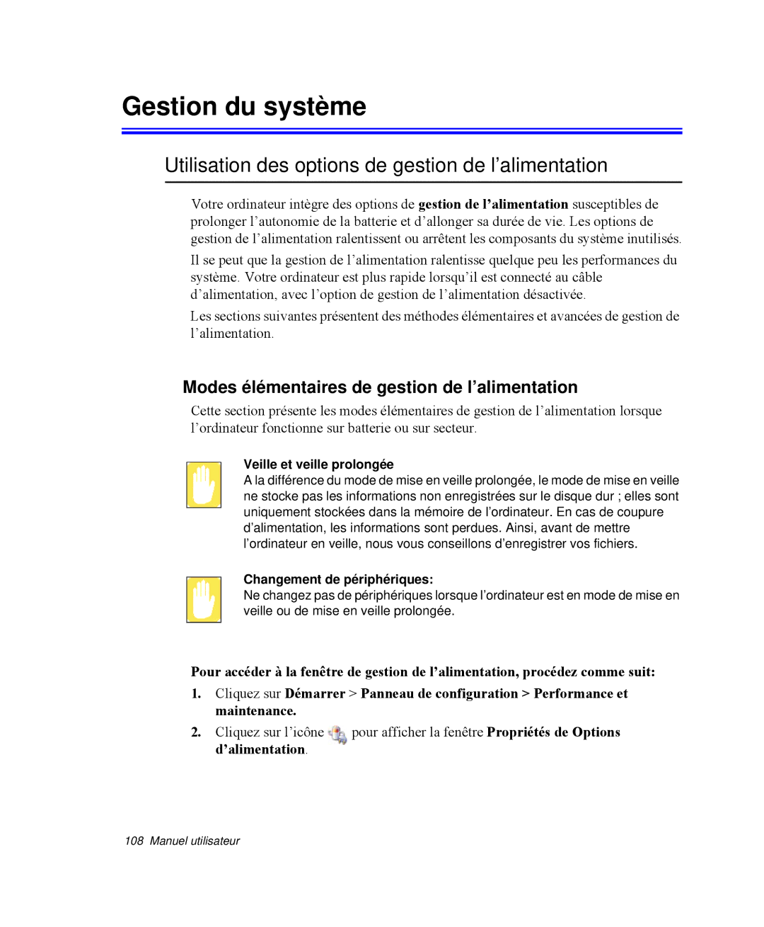 Samsung NP-M50C005/SEF, NP-M50T002/SEF manual Gestion du système, Utilisation des options de gestion de l’alimentation 