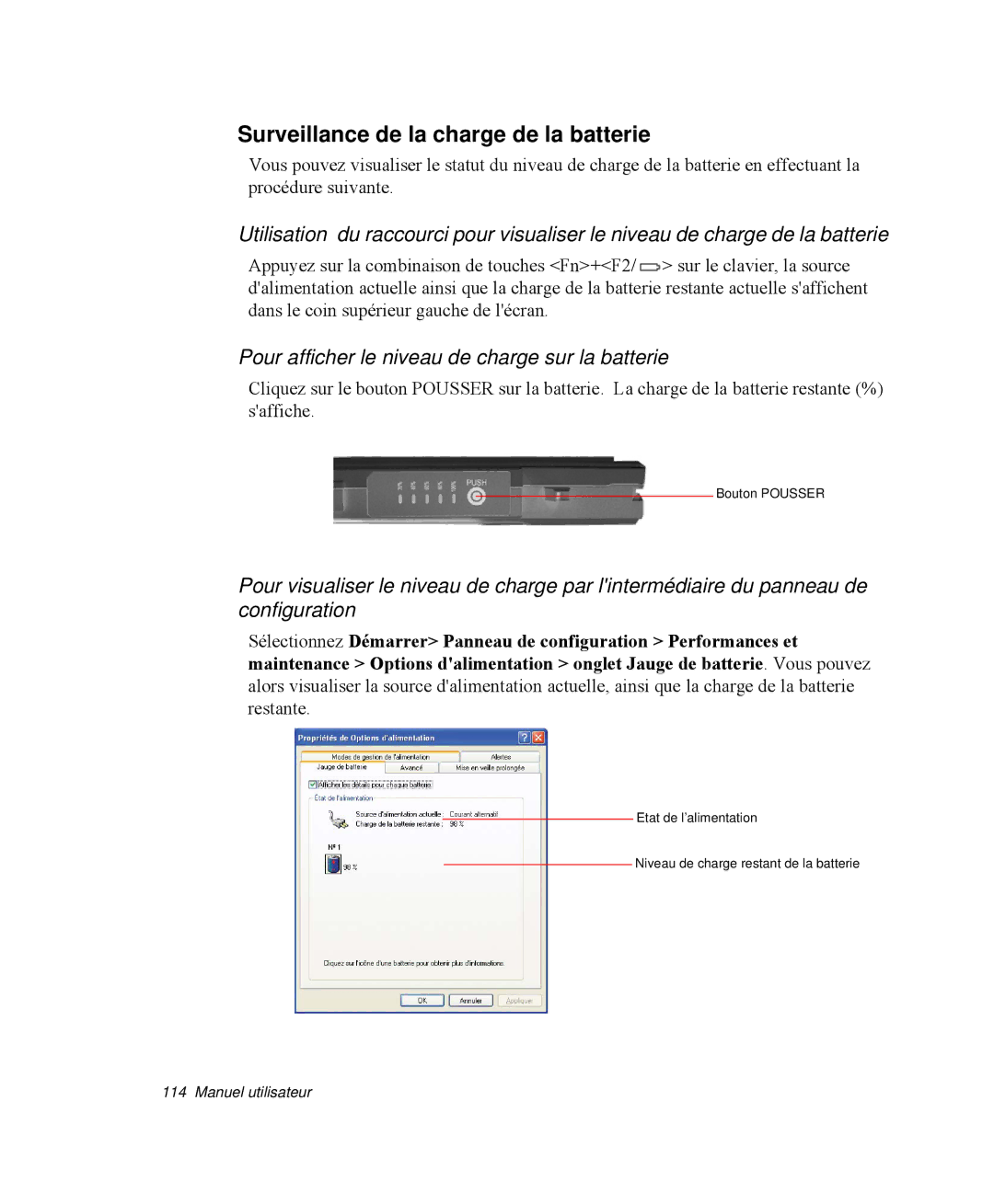 Samsung NP-M50C000/SEF manual Surveillance de la charge de la batterie, Pour afficher le niveau de charge sur la batterie 