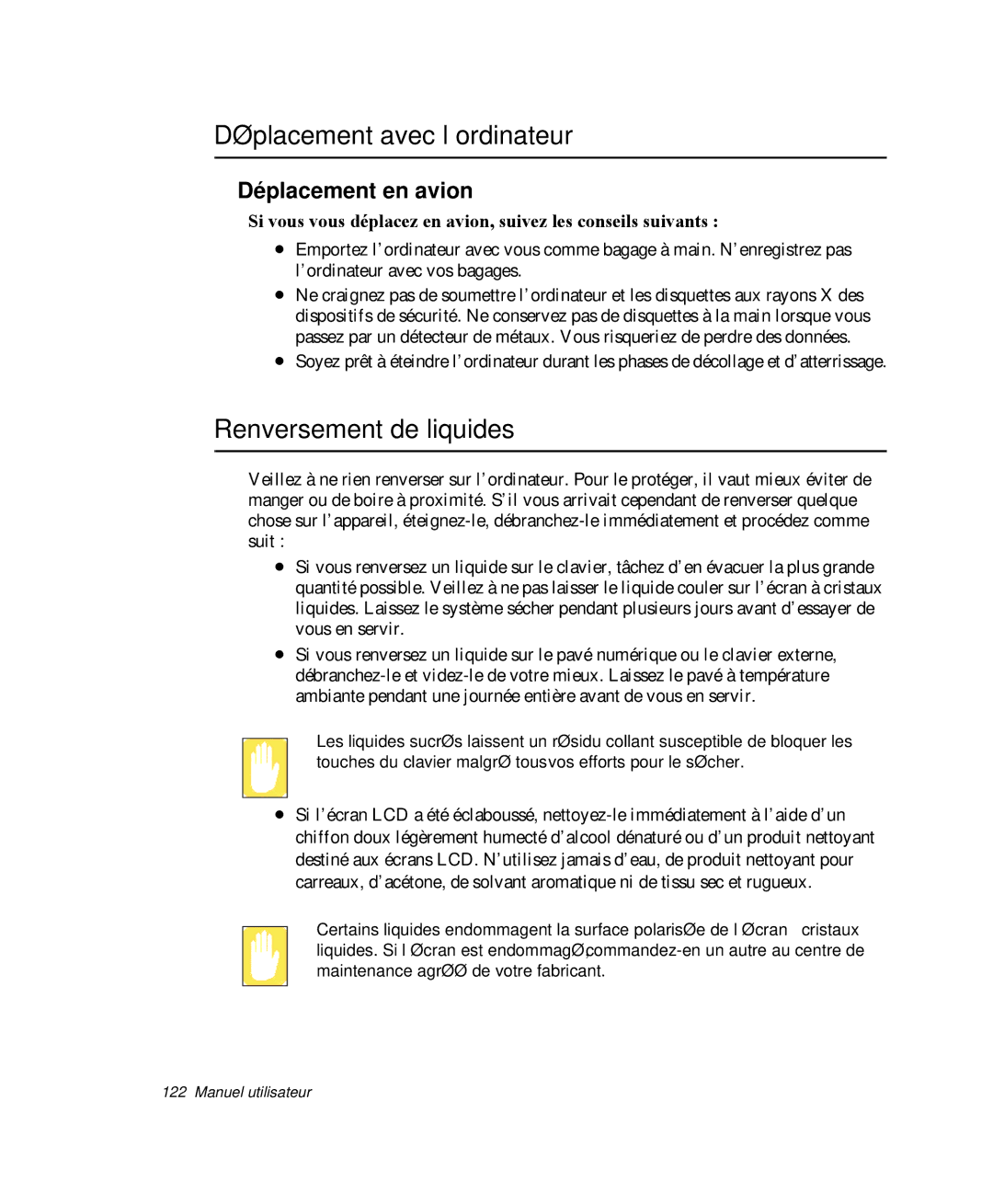 Samsung NP-M50T001/SEF, NP-M50T002/SEF manual Déplacement avec l’ordinateur, Renversement de liquides, Déplacement en avion 