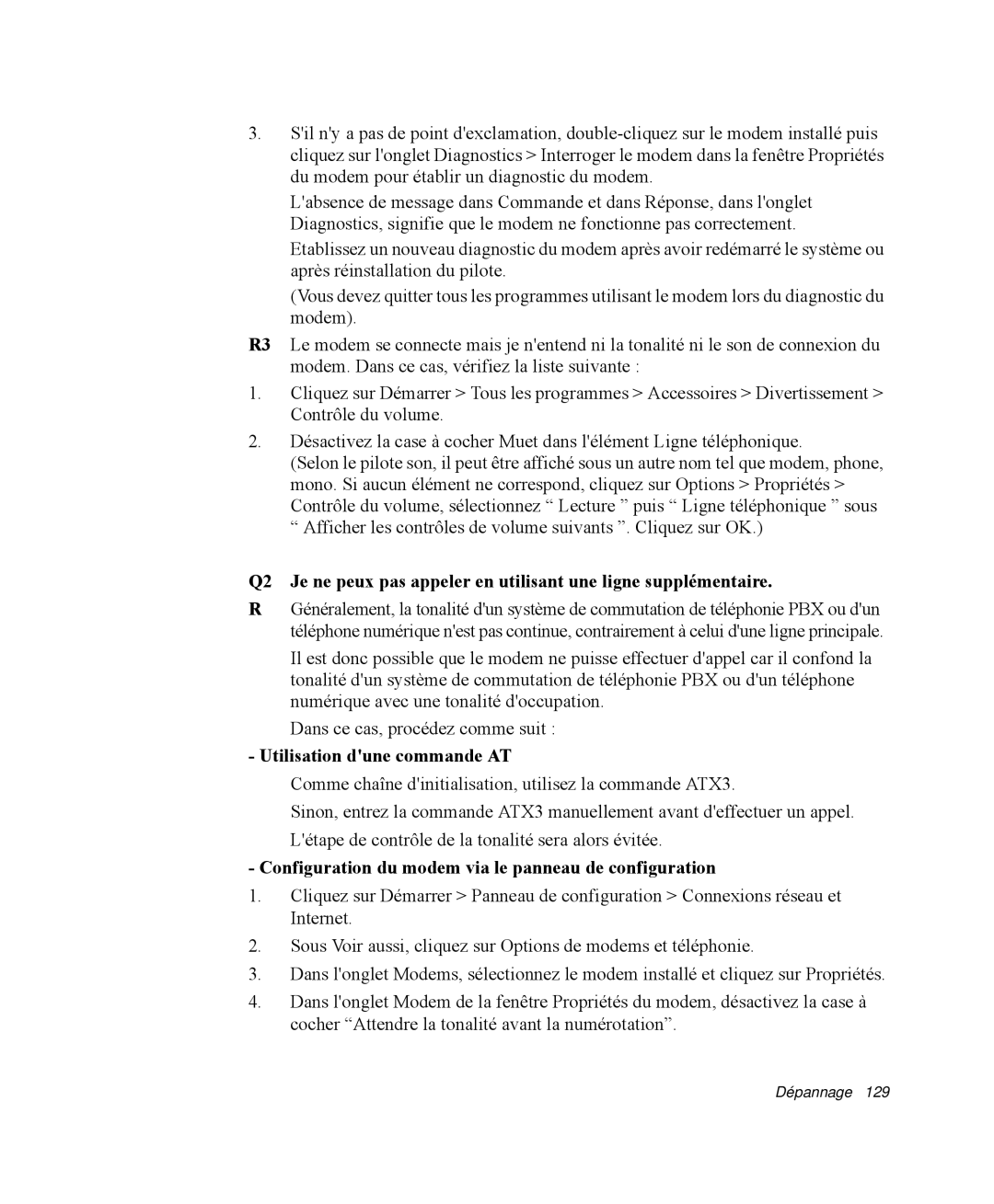 Samsung NP-M50C003/SEF manual Utilisation dune commande AT, Configuration du modem via le panneau de configuration 